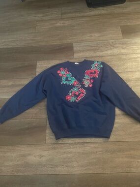 GAP Navy Crewneck Sweater with Pink & Teal Heart Appliqués